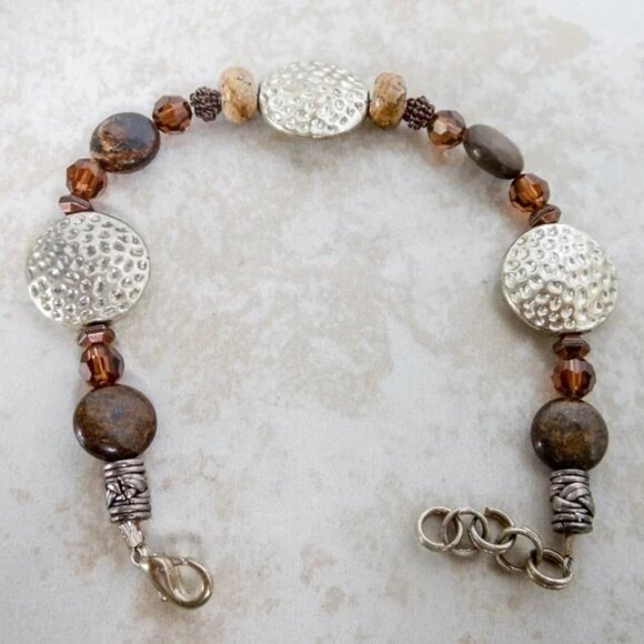 Boho Brown Beaded Bracelet w/ Hammered Silver Tone Discs Adjustable - Picture 5 of 5